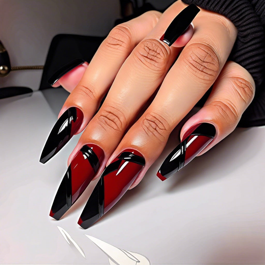blood red nails with a glossy black stripe down the center