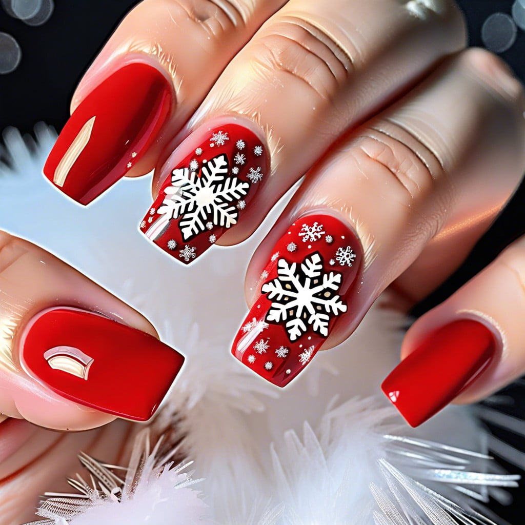 bright red nails with snowflake stickers for a festive look