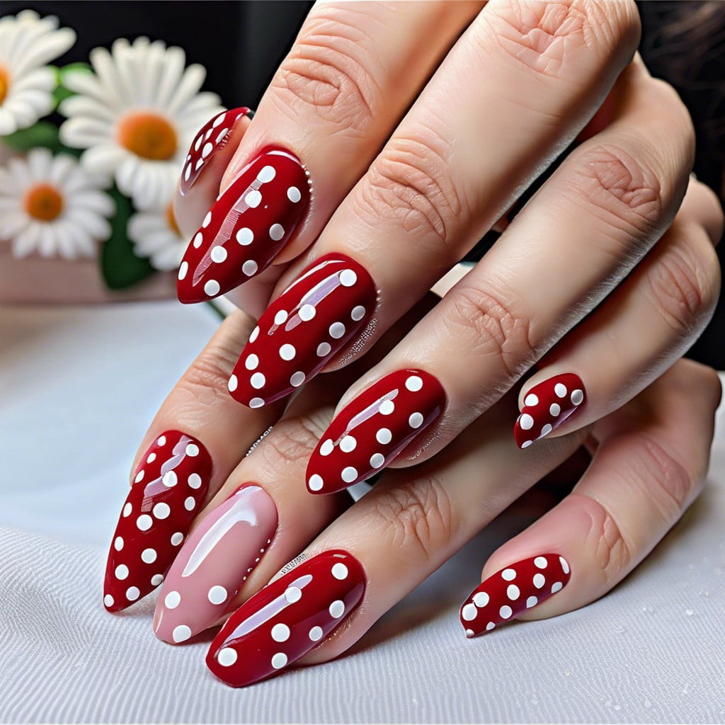 cherry red nails with white polka dots