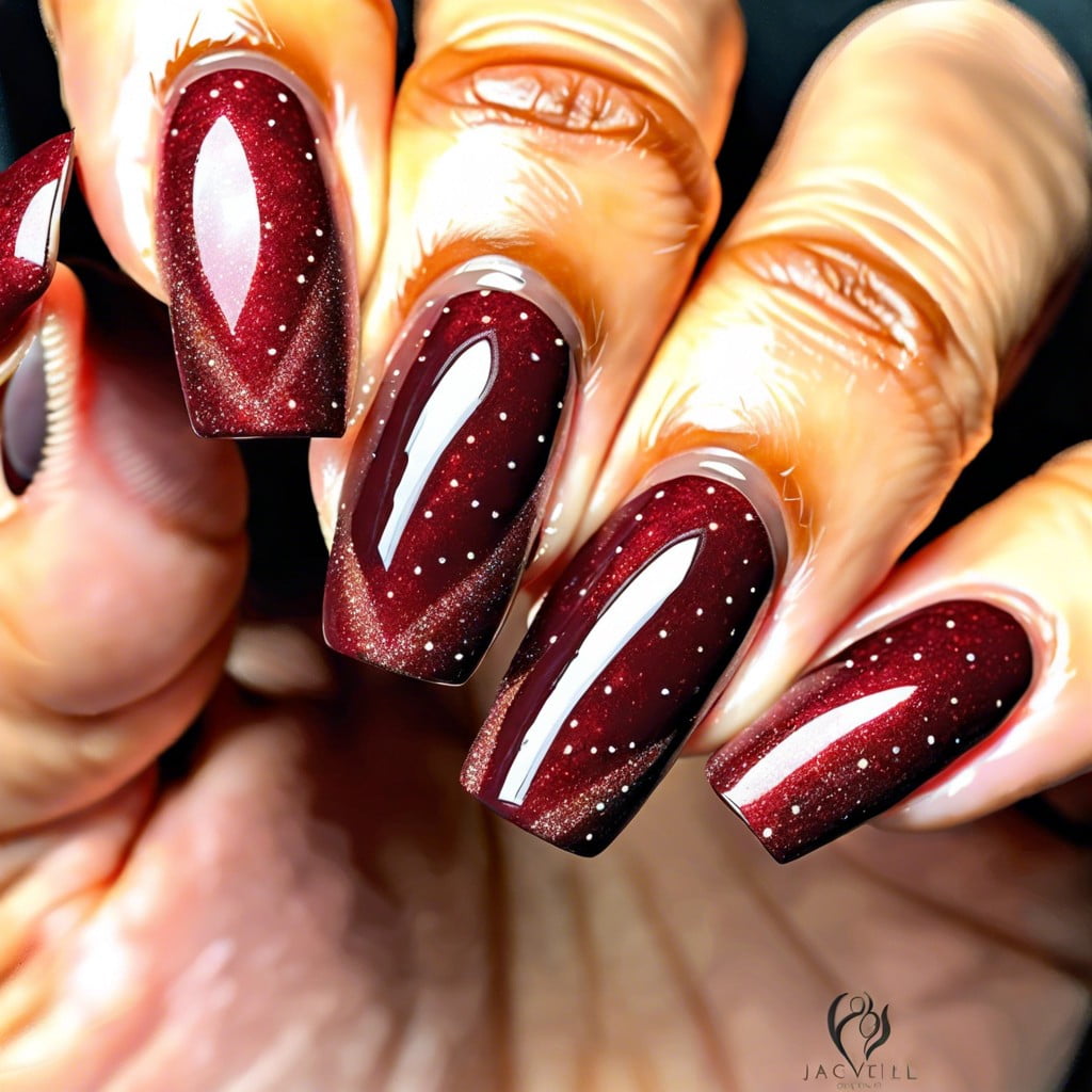 deep red nails with a subtle sparkle and a chevron pattern