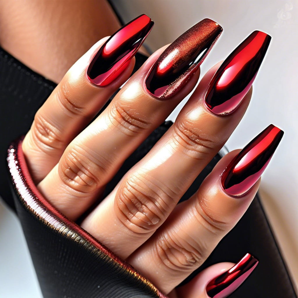 metallic red chrome nails for a mirror like finish