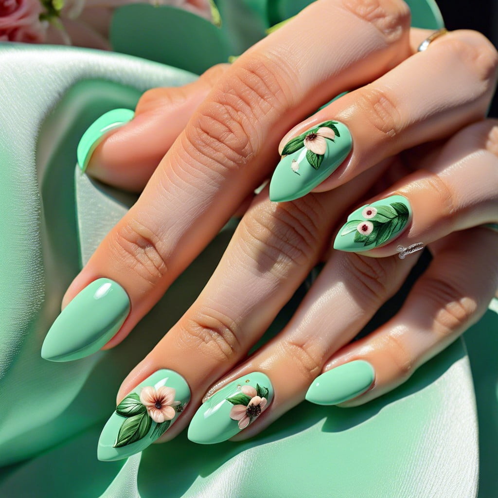 mint green with floral accents