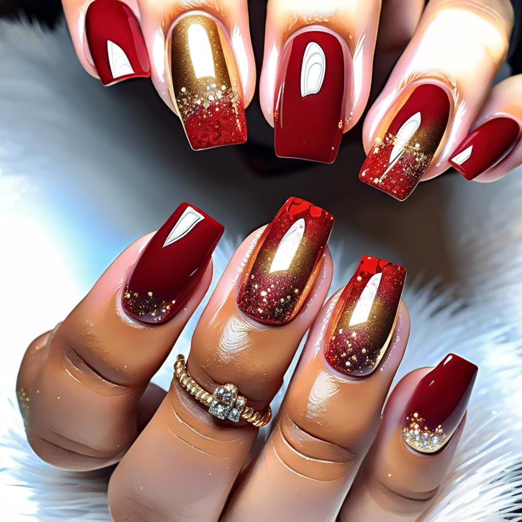 red and gold glitter ombre on short square nails