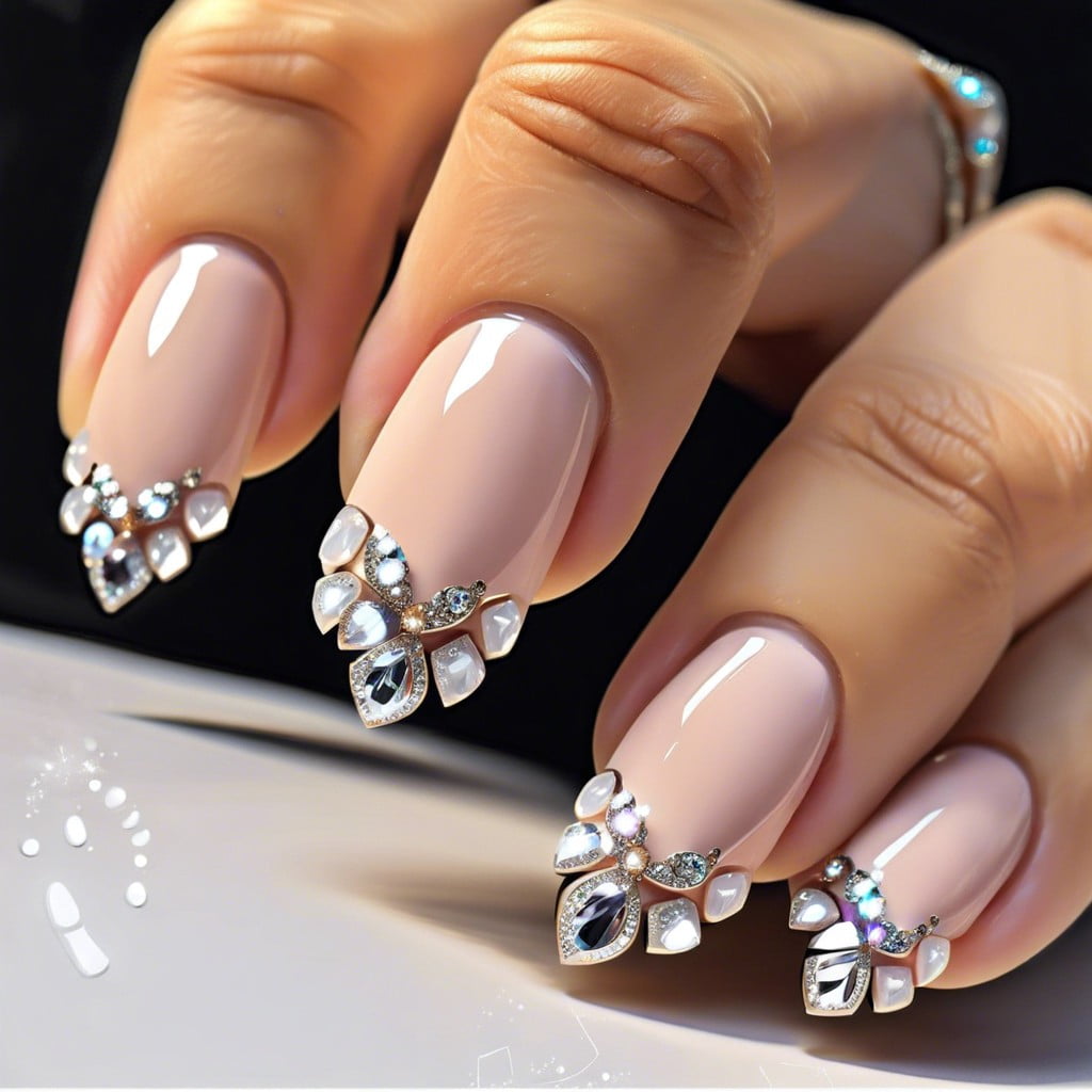 rhinestone tips apply small rhinestones along the tips of the nails creating a sparkly french tip effect