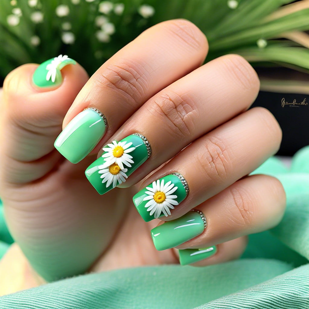 spearmint green with tiny white daisies
