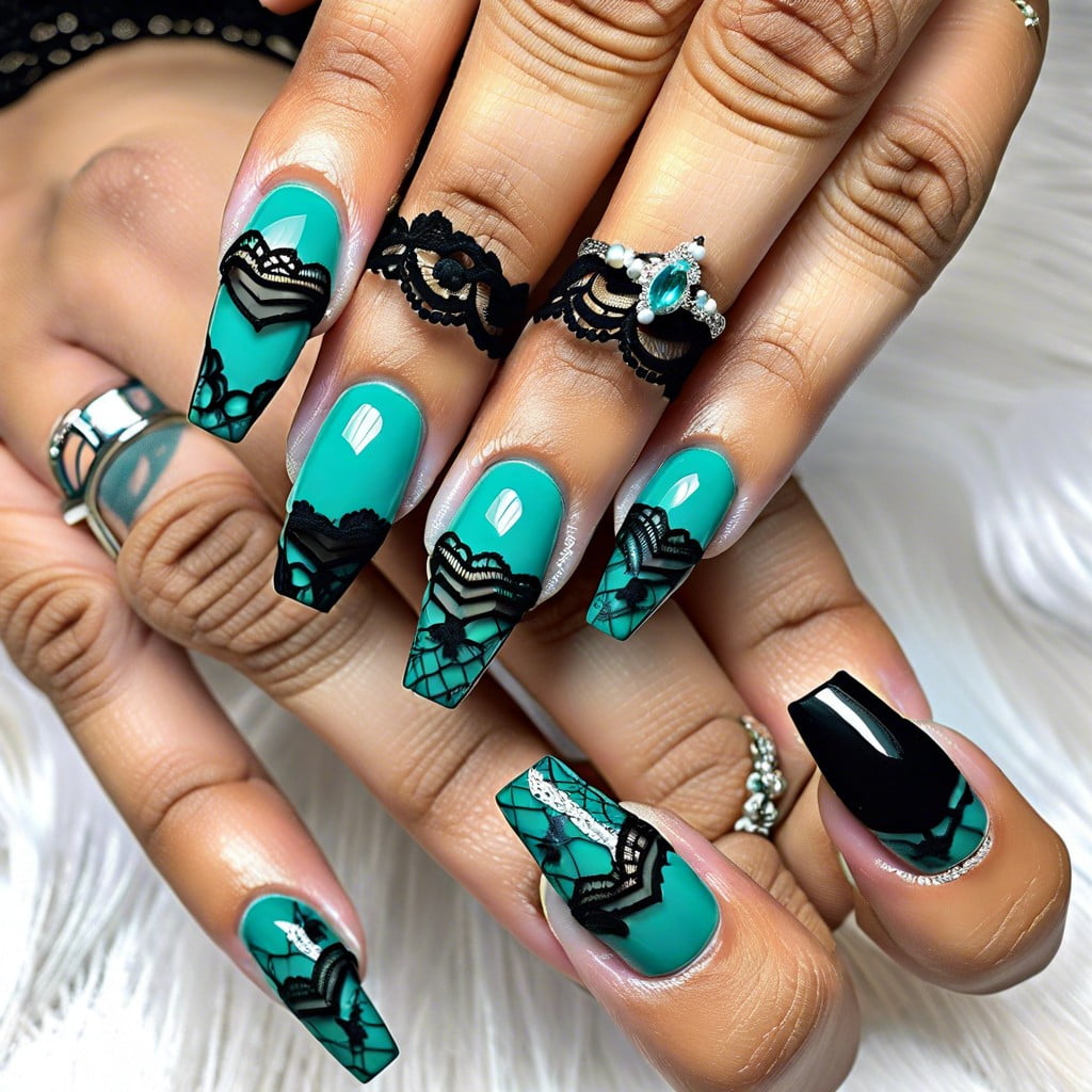 teal with black lace overlays