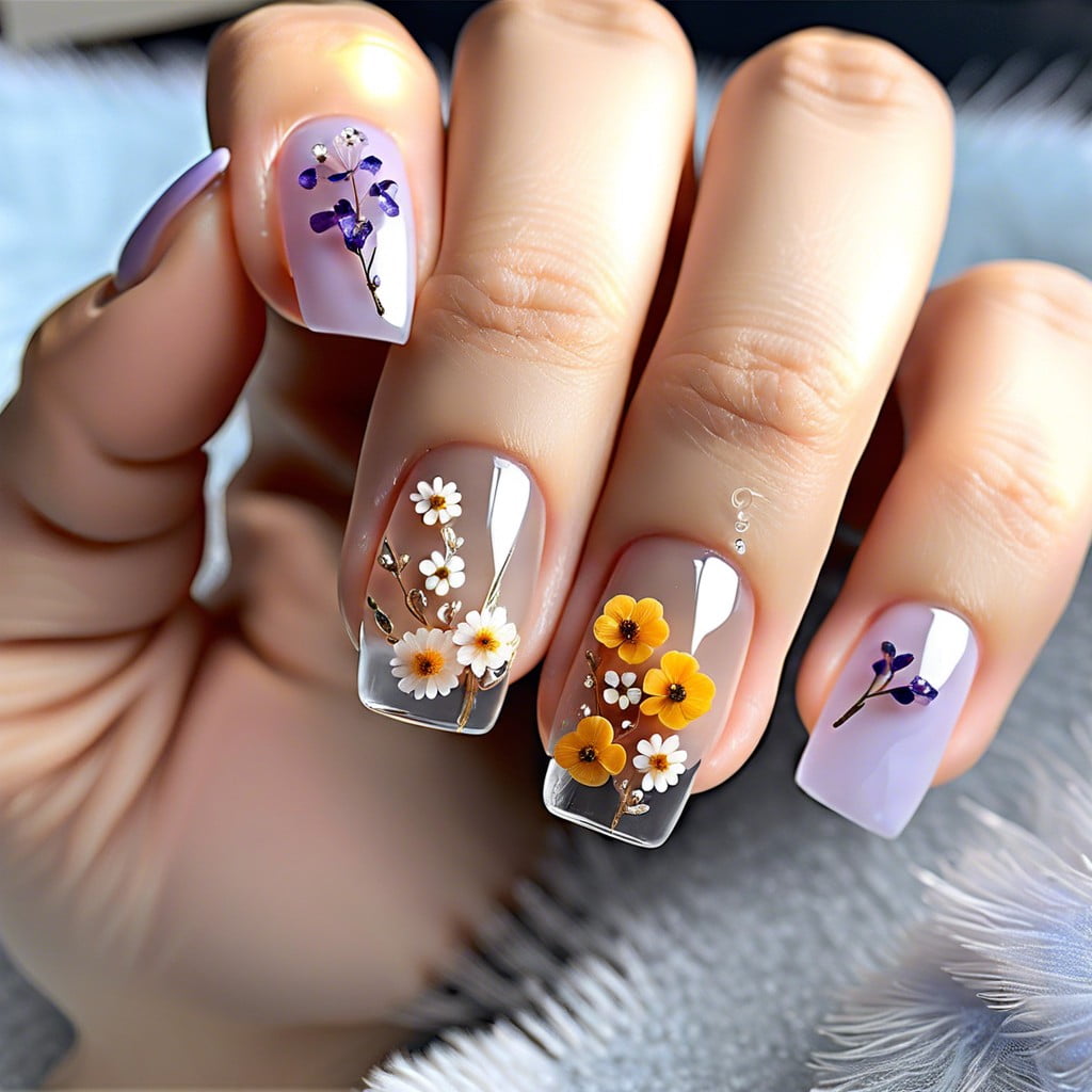 transparent nails with small dried flowers